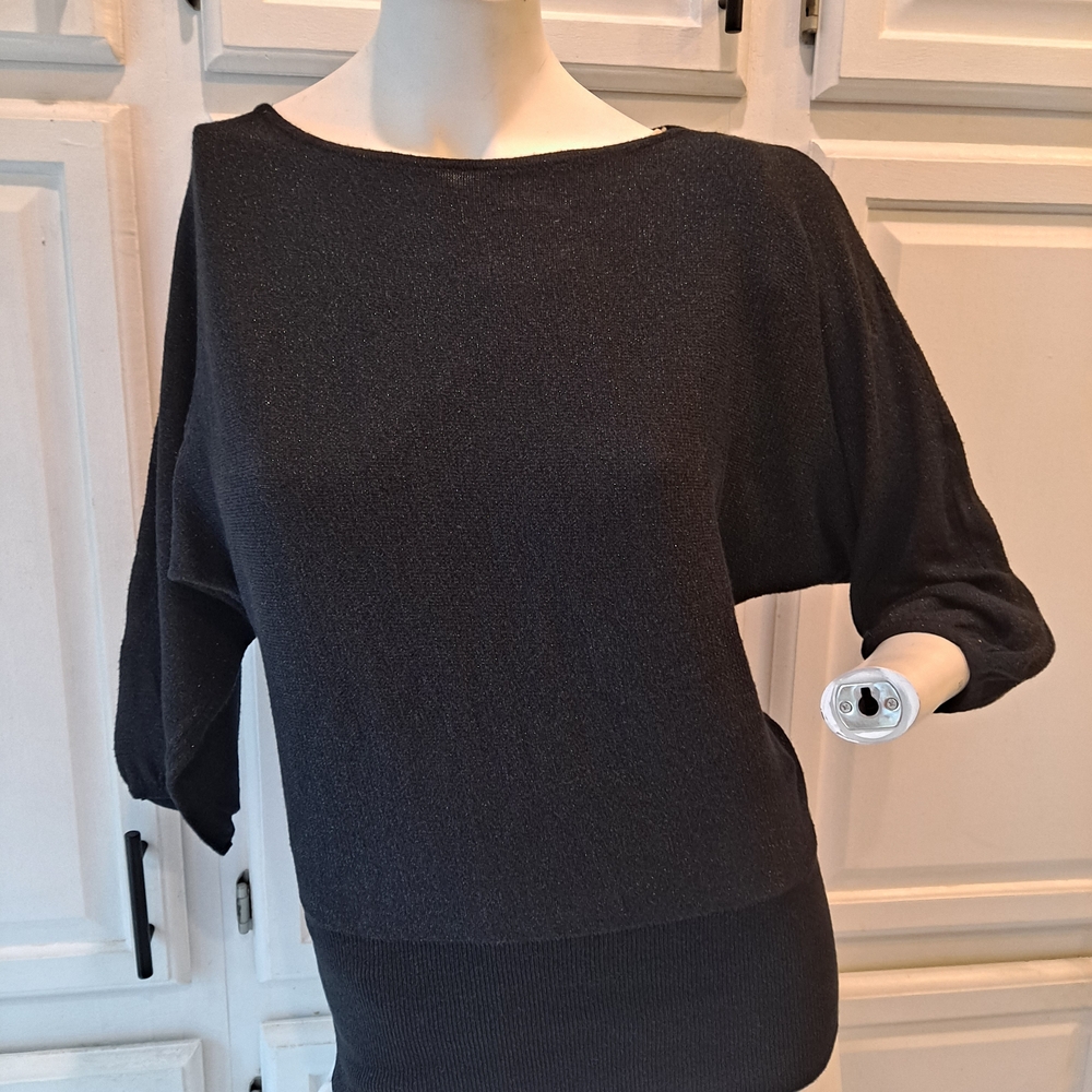 Style & Co. Black & Metallic Silver Off-the-Shoulder Boatneck Cotton Sweater